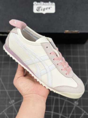 核心私 日产经典老牌-鬼塚虎 Onitsuka Tiger Mexico 66经典墨西哥系列低帮复古经典百搭休闲皮革慢跑鞋“皮革米白浅灰粉” #女鞋半码制#原楦