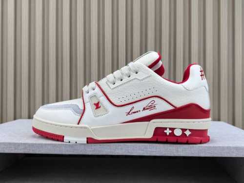 渠道优势 ！ 专柜版 驴牌 Lv Trainer 情侣限定系列 休闲 低帮 时尚板鞋 白红水泥 尺码 35 36 37 38 39 40 41 42 43 44