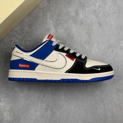 本地 核心私 Supreme X Nike Dunk Sb Low Sup X 耐克 Sb 黑白蓝 低帮休闲运动板鞋 鞋身整体以米白色皮革打造，搭配黑色麂皮框架