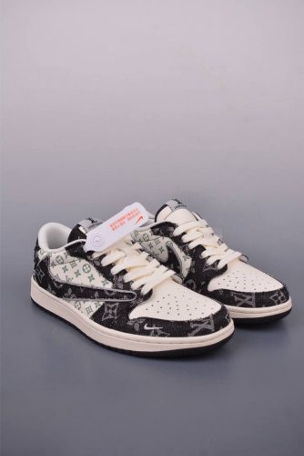 fragment X Travis Scott X Lv air Jordan 1 Low 三方联名倒钩 全新的三方联名低帮倒钩鞋面延续了黑脚趾设计 整双鞋以全