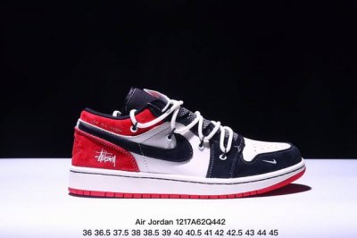 海外爆款限量发售！公司级 Nike Jordan Air Jordan 1“斯图西联名 黑红抽绳” 高端定制 低帮 复古 减震 防滑 耐磨 篮球鞋 定制鞋盒 大