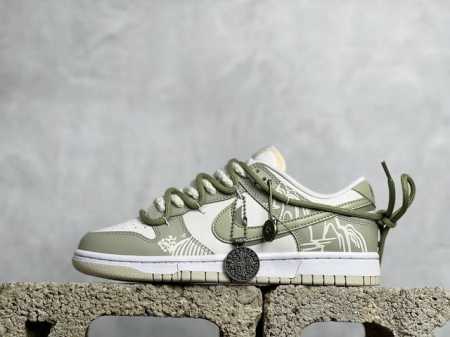 Yc版 Nike Dunk Low 宫廷龙井茶 米绿 此款定制球鞋通过手绘喷绘等工艺，灵感来源于茶艺，将龙井茶元素融入鞋中，解构鞋带增加细节，低饱和配色独特易搭 - 点击图像关闭