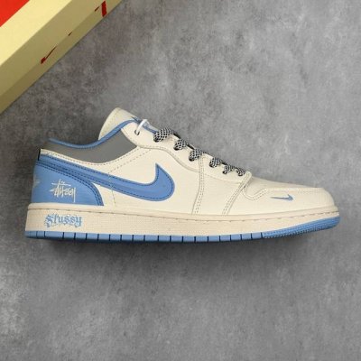 本地 核心私 Air Jordan 1 Low Aj1 乔1 斯图西联名 白蓝立体勾 高端定制 低帮复古篮球鞋 #定制鞋盒 大厂纯原品质出货 超高清洁度 皮料切