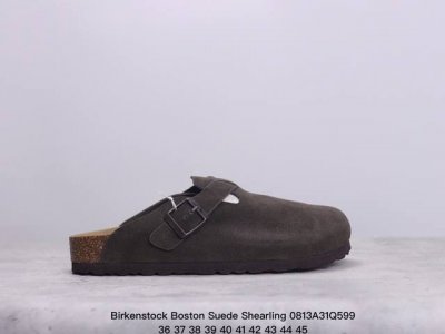 新品上市实拍 博肯 勃肯birkenstock Boston Suede Shearling 波士顿系列士低帮牛皮绒面革复古软木底包头露跟休闲鞋 货号： 056