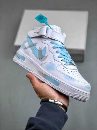 Nike Air Force 1'07 Mid 天蓝色 手绘断裂 三勾阴影 空军一号绑带中帮休闲板鞋 CW 9-111 #定制皮料 原厂3D打印 定制鞋盒 原楦 - 点击图像关闭