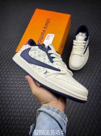 Lv X Air Jordan 1 Low 米蓝红印花 此款主张打破传统的工业化流水线设计限制，以made By Ideas的超级创意为理念，集结众多潮流设计师 - 点击图像关闭