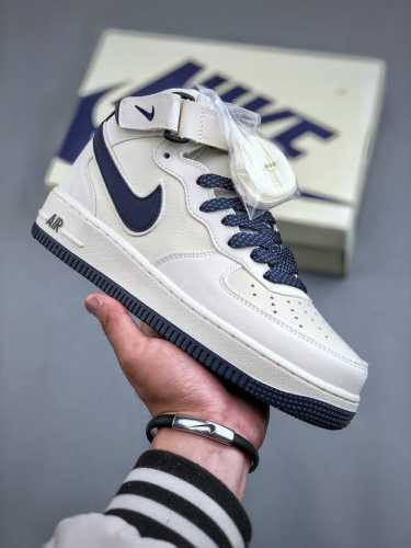Nike Air Force 1 Mid 米深蓝 满天星中帮空军一号休闲板鞋 客供高亮3M反光 定制头成皮料 定制鞋盒 原楦原纸板 纯正版型 内置全掌气垫 货号