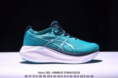 Asics 亚瑟士Gel-Nimbus 27 稳定跑鞋鞋面采用双层提花网面设计，提高包裹性和透气性，后跟搭载稳定系统科技T-Gel提升整体支撑力和结构感，减少对