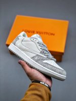 Travis Scott X Air Jordan 1 路易威登Lv 联名倒钩 低帮文化篮球鞋 完美品质出货 细节如图所示 鞋面切割工整 冲孔整齐干净 中底拉帮