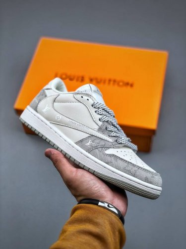 Travis Scott X Air Jordan 1 路易威登Lv 联名倒钩 低帮文化篮球鞋 完美品质出货 细节如图所示 鞋面切割工整 冲孔整齐干净 中底拉帮