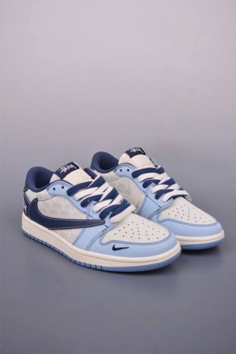 fragment X Travis Scott X 斯图西 air Jordan 1 Low 三方联名倒钩 全新的三方联名低帮倒钩鞋面延续了黑脚趾设计 整双鞋以