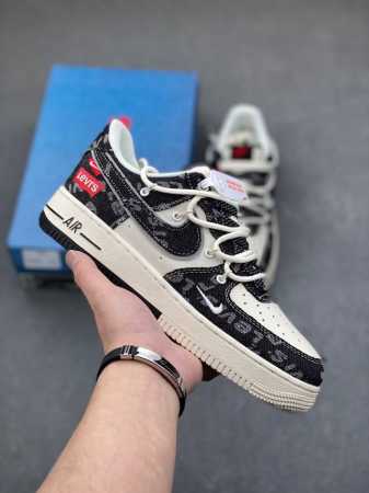 海外限量发售！公司级nike Air Force 1 '07 Low “李维斯联名--黑牛仔抽绳”空军一号 低帮 运动鞋 休闲鞋 折边针车 工艺难度大 原楦头原 - 点击图像关闭