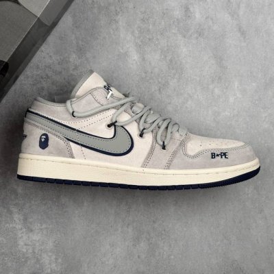 本地 核心私 Air Jordan 1 Low Aj1 乔1 Bape联名-灰蓝抽绳 高端定制 低帮复古篮球鞋 #定制鞋盒 大厂纯原品质出货 超高清洁度 皮料切