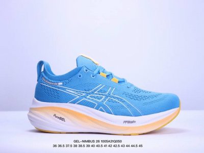 公司级asics 亚瑟士gel-Nimbus 26稳定跑鞋鞋面采用双层提花网面设计，提高包裹性和透气性，后跟搭载稳定系统科技t-Gel提升整体支撑力和结构感，减