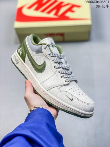 海外爆款限量发售！Nike Jordan Air Jordan 1“斯图西联名 米绿立体勾” 高端定制 低帮 复古 减震 防滑 耐磨 篮球鞋 定制鞋盒 大厂纯原