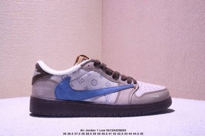 travis Scott X Jordan Air Jordan 1 Low “Lv联名 蓝灰棕” 倒勾低帮休闲板鞋 定制鞋盒 大厂纯原品质出货 超高清洁度 皮
