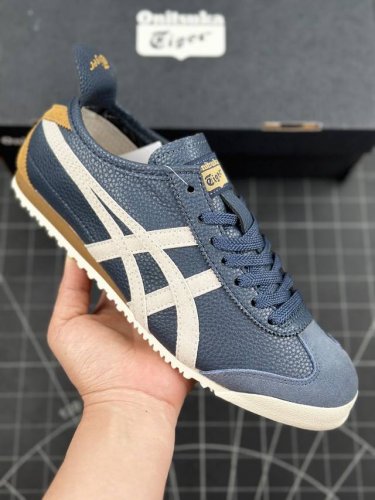 日产经典老牌-鬼塚虎 Onitsuka Tiger Mexico 66经典墨西哥系列低帮复古经典百搭休闲皮革慢跑鞋“皮革藏蓝浅灰黄” #男女鞋半码制#原楦原纸版
