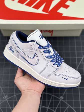 Air Jordan 1 Low Aj1 乔1 斯图西联名-全猪八灰蓝线条 高端定制 低帮复古篮球鞋 #定制鞋盒 大厂纯原品质出货 超高清洁度 皮料切割干净无任 - 点击图像关闭