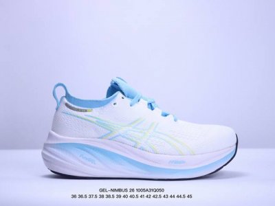 公司级asics 亚瑟士gel-Nimbus 26稳定跑鞋鞋面采用双层提花网面设计，提高包裹性和透气性，后跟搭载稳定系统科技t-Gel提升整体支撑力和结构感，减