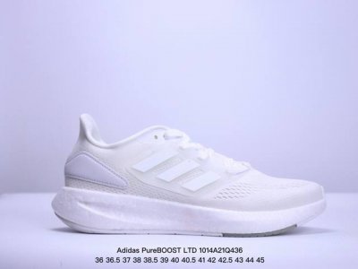真爆阿迪达斯adidas Pureboost Ltd 爆米花缓震中底跑步鞋。鞋面以织编材质为基底，后及跟脚趾处融全入新设计，通过格网印刷支将撑材料于附鞋面上，既