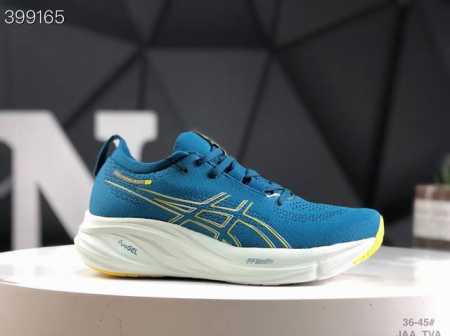 Asics 亚瑟士Gel-Nimbus 26稳定跑鞋鞋面采用双层提花网面设计，提高包裹性和透气性，后跟搭载稳定系统科技T-Gel提升整体支撑力和结构感，减少对身 - 点击图像关闭