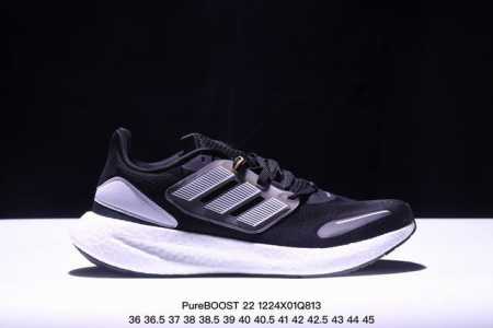 公司级阿迪达斯adidas Pureboost 22爆米花缓震中底跑步鞋。鞋面以织编材质为基底，后及跟脚趾处融全入新设计，通过格网印刷支将撑材料于附鞋面上，既保 - 点击图像关闭