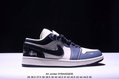 Nike Jordan Air Jordan 1“斯图西联名 蓝白黑底” 高端定制 低帮 复古 减震 防滑 耐磨 篮球鞋 定制鞋盒 大厂纯原品质出货 超高清洁度