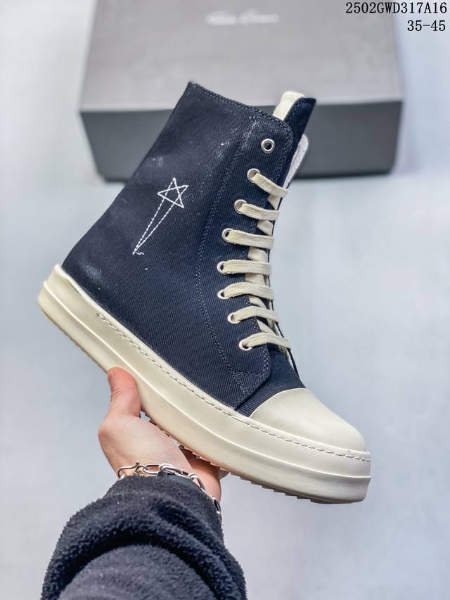 340 Rick Owens Drkshdw X Rick Owens/Ro 高帮系带高帮 时尚板鞋男款黑色 尺码：35-45 编码：02Gwd317A16