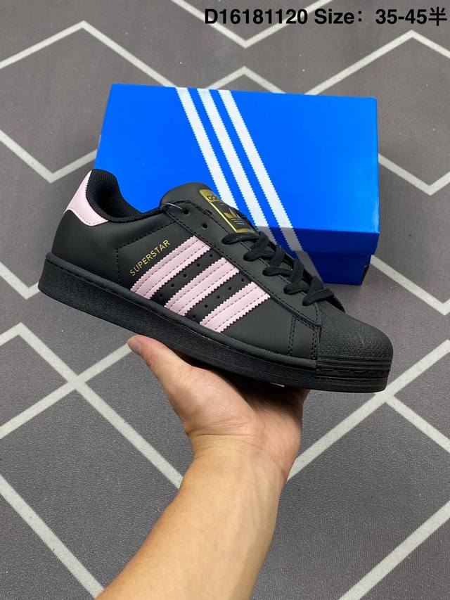 130 阿迪达斯 Adidas Superstar 三叶草经典贝壳头系列 新款休闲板鞋潮流男女士运动鞋 ，鞋面柔软皮革材质 标志性的贝壳鞋头，锯齿三条纹，简约的