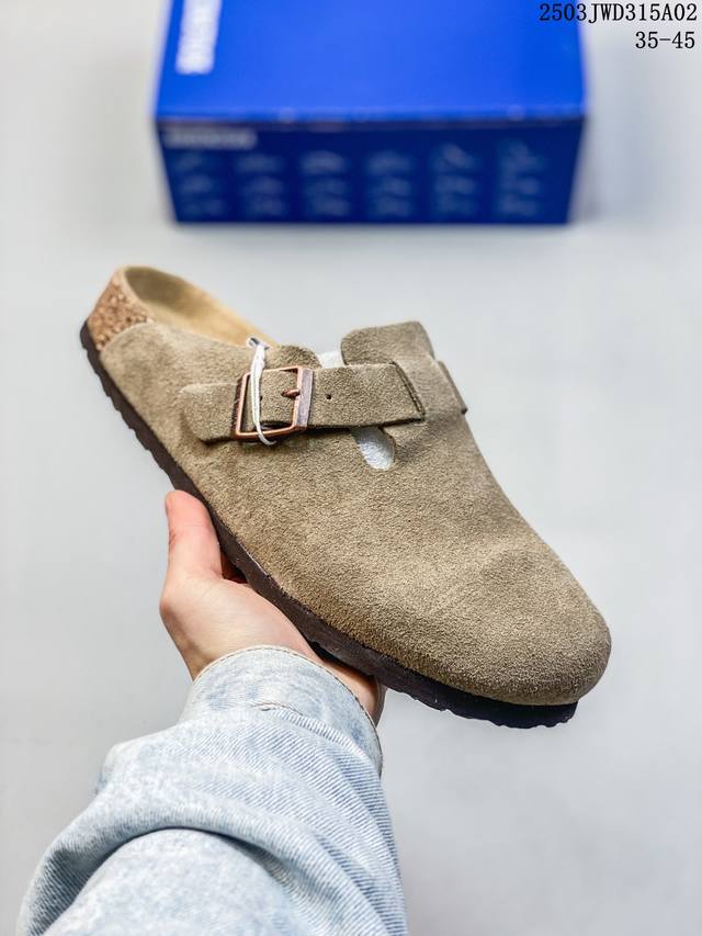 210 Birkenstock Boston Clog 博肯鞋 半托后跟系列 凉鞋后跟设计适应多种场景化穿搭出行 皮革绒面金属针扣时尚休闲平底鞋 牛皮绒面革质地