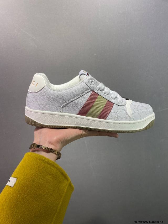 120 特价意大利时装奢饰品牌·古驰Gucci Screener Gg Sneaker Low 经典原型系列低帮复古老爹百搭休闲运动板鞋“白粉Gg木纹布”771
