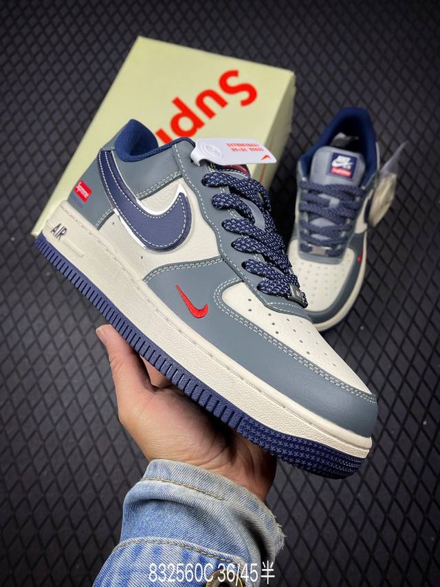 340 C支持放店 Nk Air Force 1'07 Low Supreme联名 灰蓝小红勾 空军一号低帮休闲板鞋 Xz6188-382 #原楦头原纸板 原装