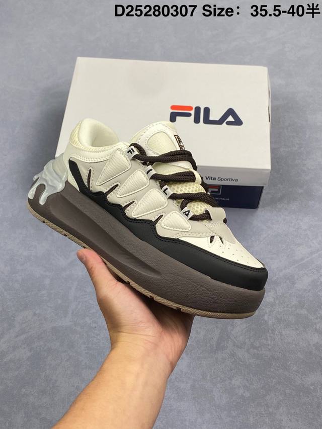 210 Fila斐乐 鱼刺3.0网布皮革 舒适百搭 厚底低帮舒适 生活休闲老爹鞋 货号：F12W431212Fp D编码：D25280307 Size:35.5