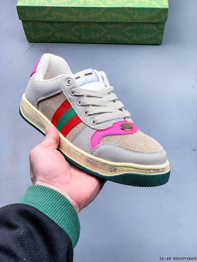 集图 140 Gucci Distressed Screener Sneaker 古驰小脏鞋系列 经典原型复古百搭做旧小脏板鞋 0311275D19