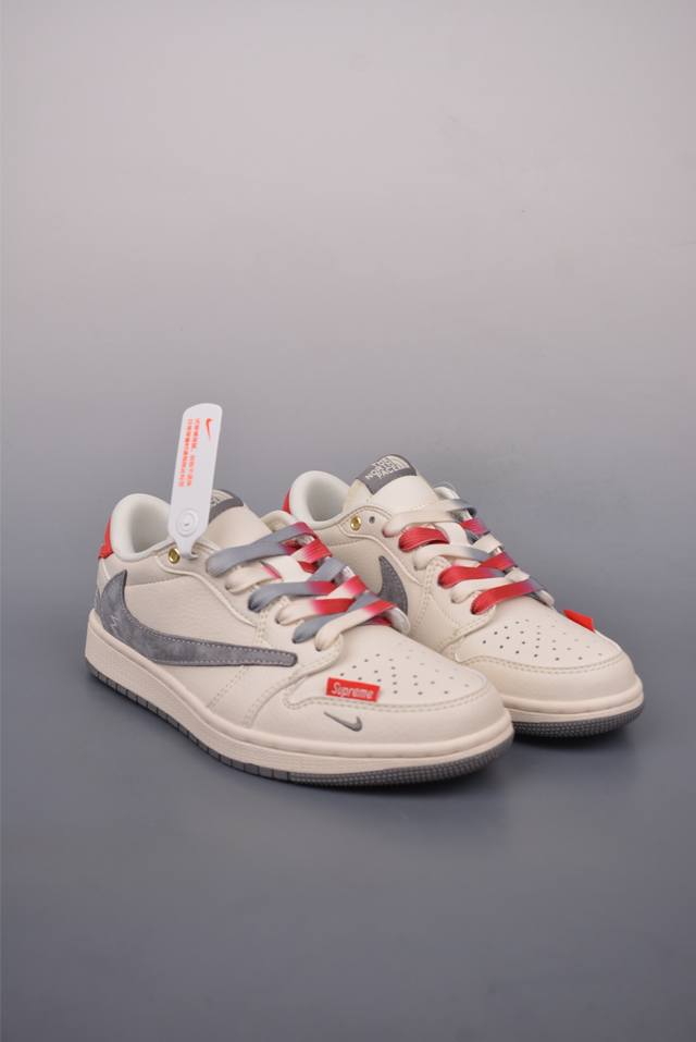 360 Fragment X Travis Scott X 北面 Air Jordan 1 Low 三方联名倒钩 性价比原盒出货 全新的三方联名低帮倒钩鞋面延