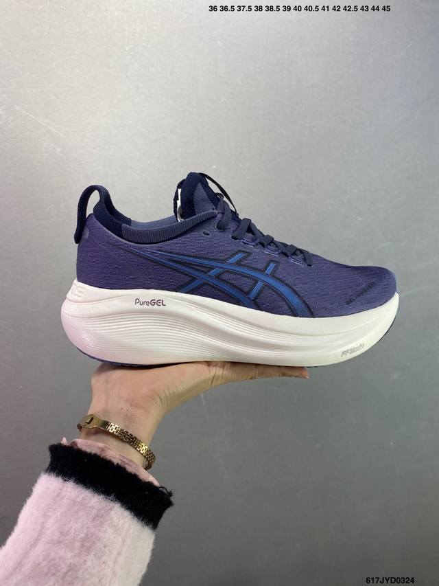 200 公司级Asics 亚瑟士Gel-Nimbus 27稳定跑鞋鞋面采用双层提花网面设计，提高包裹性和透气性，后跟搭载稳定系统科技T-Gel提升整体支撑力和结