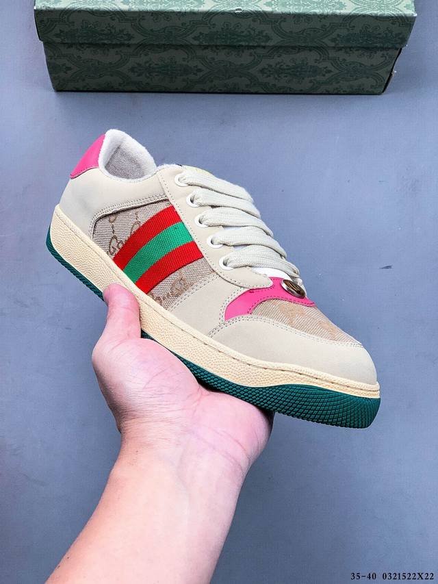 160 gucci Distressed Screener Sneaker 古驰小脏鞋系列 官方同步 经典原型复古百搭做旧小脏板鞋复古学院风 怀旧版 03215