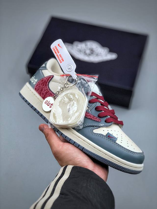 410支持放店 Travis Scott X Fragment Design X Air Jordan 1 Low Og Sp 乔1冠希联名 灰红花纹勾 低帮文