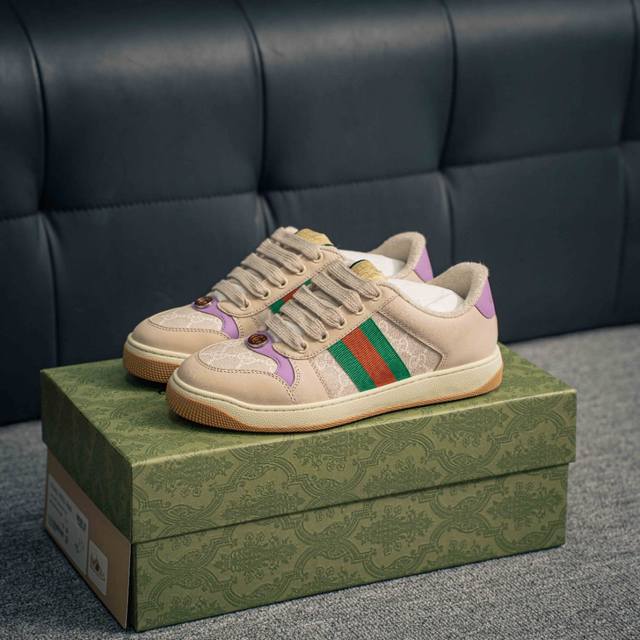 300 核心私 #全新配色出货 gucci Distressed Screener Sneaker古驰小脏鞋系列 经典原型复古百搭做旧老爹板鞋/复古学院风 怀旧