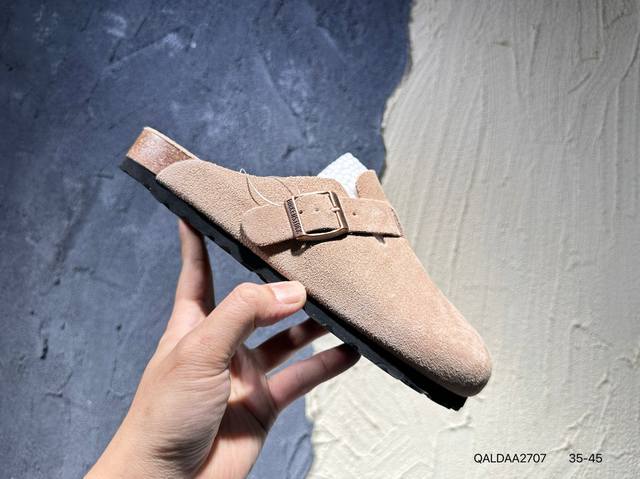 180 #新品上市实拍 博肯 勃肯Birkenstock Boston Suede Shearling 波士顿系列士低帮牛皮绒面革复古软木底包头露跟休闲鞋 货号