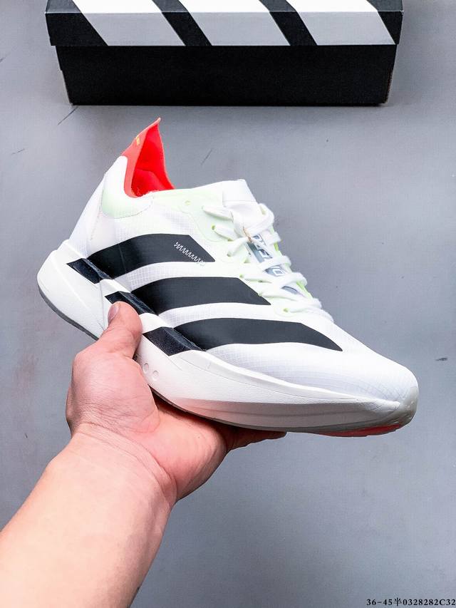 公司级！Adidas Adizero Adios Pro 4马拉松飞线贾卡轻质透气休闲运动跑步鞋 采用双层透气网纱 Flywire动态飞线绑缚鞋面材质 内置Zo