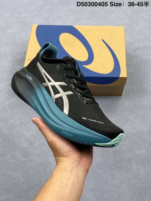 公司级Asics Gel-Nimbus 27 舒适防滑耐磨低帮休闲跑步鞋 鞋底采用了轻质发泡材料 并在后跟和前掌处采用了Asics亚瑟士核心科技-Gel缓震胶