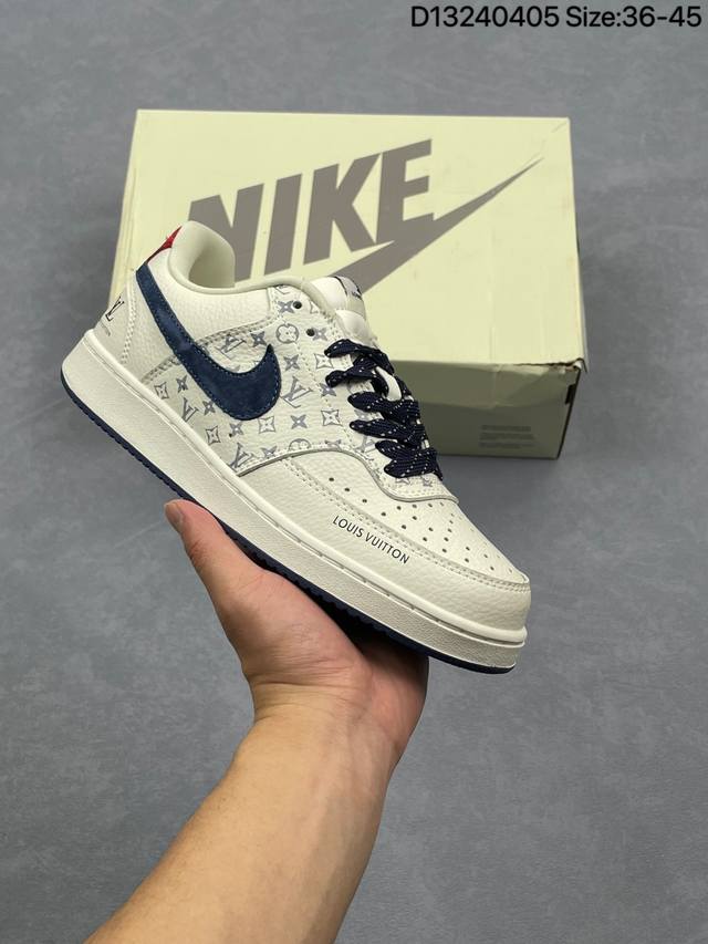 头层皮 耐克 Nike Court Vision Lo校园风低帮复古篮球板鞋男女运动鞋 路易威登联名。延续80年代复古篮球鞋，添加学院风细节。皮革组合鞋面，利落