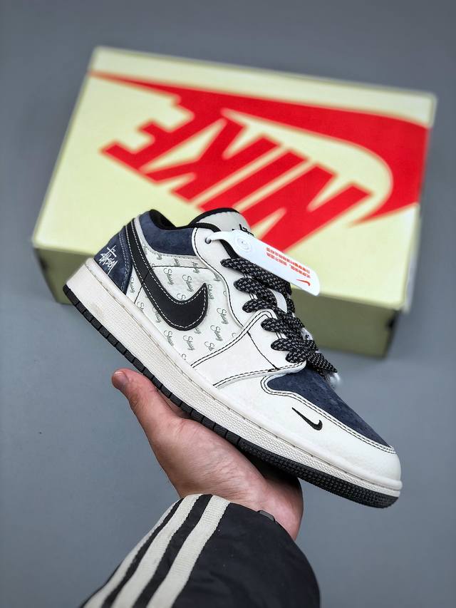 Air Jordan 1 Low Aj1 乔1 斯图西联名-灰勾英文 高端定制 低帮复古篮球鞋 #定制鞋盒 大厂纯原品质出货 超高清洁度 皮料切割干净无任何毛边