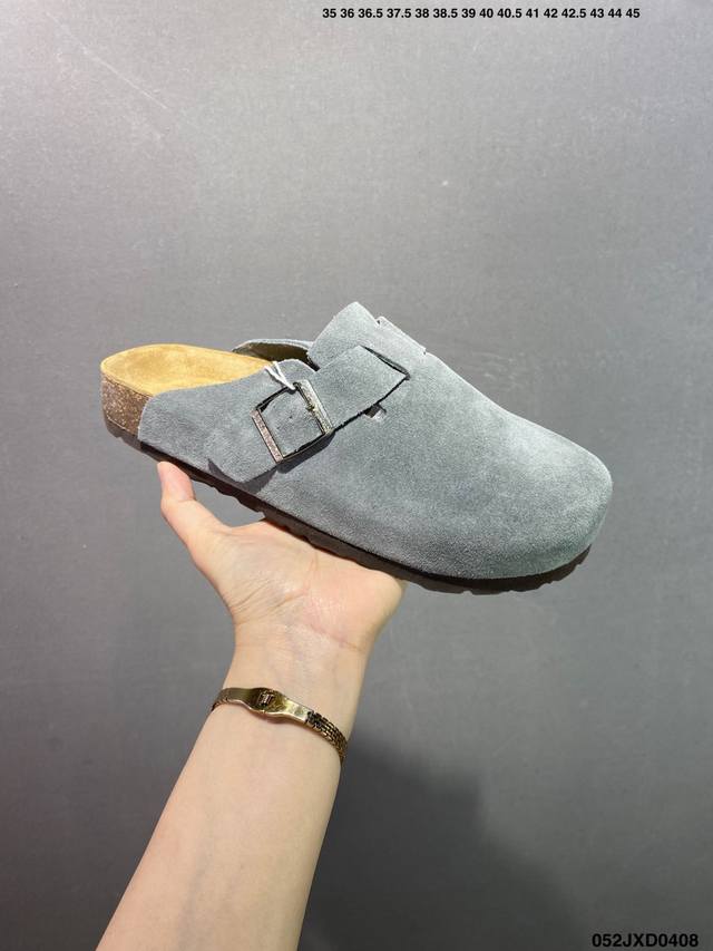 公司级Birkenstock Boston Vl 勃肯男女鞋 春夏新款 绒面金属针扣软木底包头运动板鞋 天鹅绒般的绒面革赋子休闲的经典外观，牛皮绒面革质地柔软