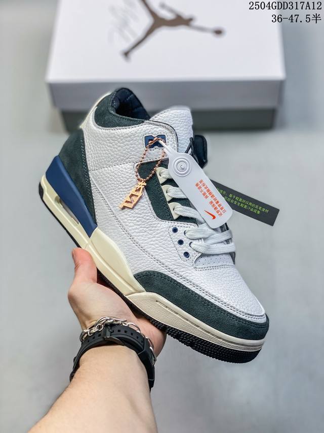 真标带半码 A Ma ManiéRe X Jordan Air Jordan 3 “Diffused Blue” 舒适 防滑耐磨 中帮 复古篮球鞋 男女款 白蓝