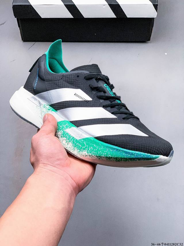 公司级！Adidas Adizero Adios Pro 4马拉松飞线贾卡轻质透气休闲运动跑步鞋 采用双层透气网纱 Flywire动态飞线绑缚鞋面材质 内置Zo