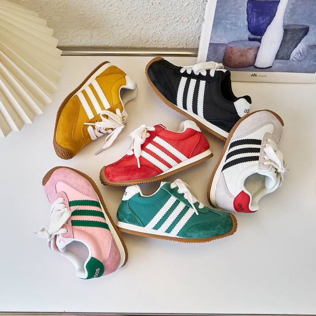 阿迪达斯阿甘德训鞋童鞋 Adidas三叶草阿甘德训鞋网红款真皮+雨伞布芭蕾舞拼色儿童休闲运动鞋 明星款欧洲站系带内侧隐形魔术贴歪头鞋男女童百搭跑步鞋户外炸街童鞋
