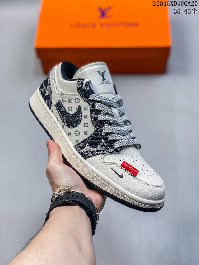 海外爆款限量发售！Nike Jordan Air Jordan 1“Lv联名 黑断勾” 高端定制 低帮 复古 减震 防滑 耐磨 篮球鞋 定制鞋盒 大厂纯原品质出