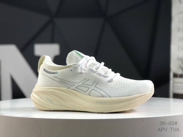 asics 亚瑟士 Gel-Nimbus 26稳定跑鞋鞋面采用双层提花网面设计，提高包裹性和透气性，后跟搭载稳定系统科技T-Gel提升整体支撑力和结构感，减少对